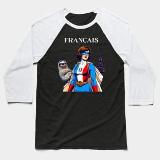 Francais: Female 60's Comic Book Hero with Sloth Baseball T-Shirt